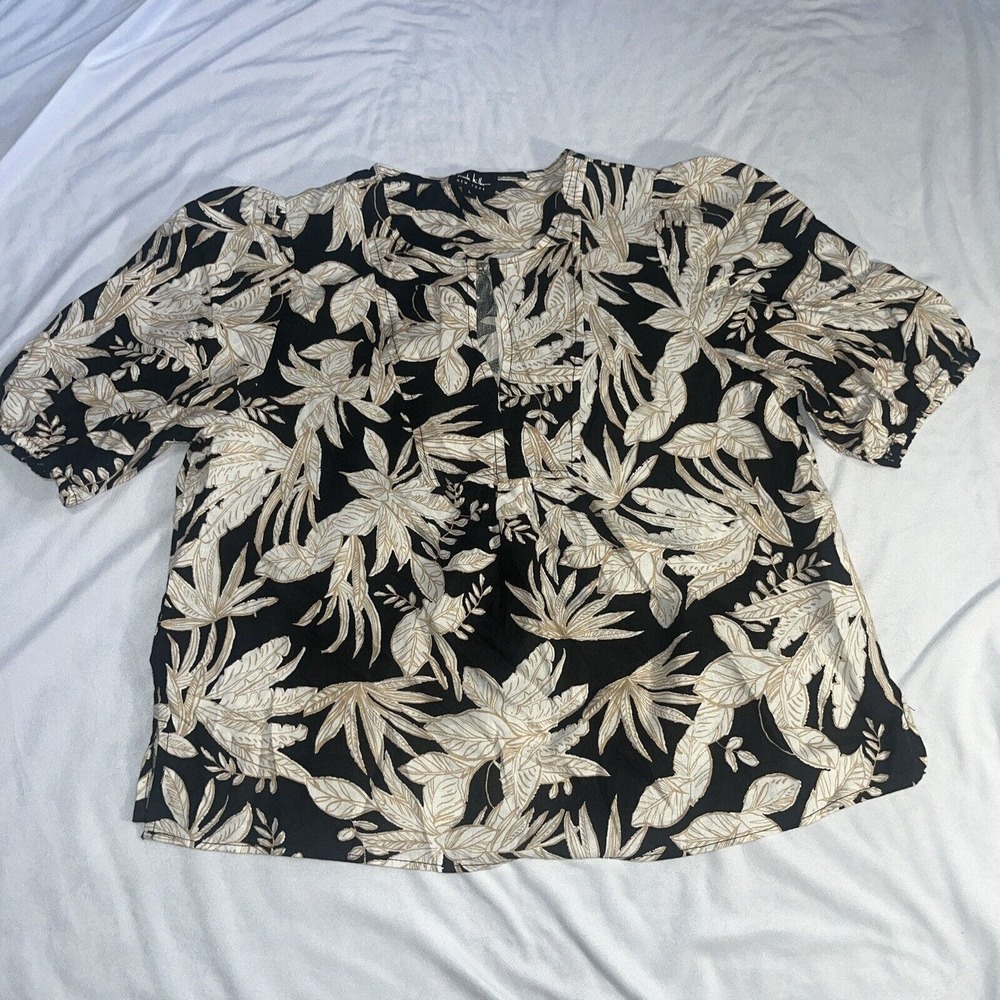 Nicole Miller L Large Linen Blend Tropical Print Balloon Sleeve Blouse